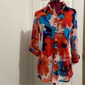 Joseph Ribkoff women floral mesh button down roll tab sleeves top. Size 8. Used.